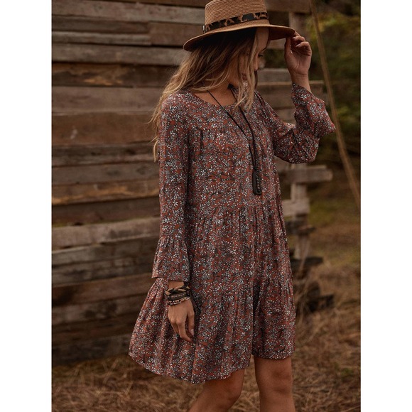 WILA Dresses & Skirts - Boho long sleeve Floral Flounce Sleeve Smock Dress mini brown orange